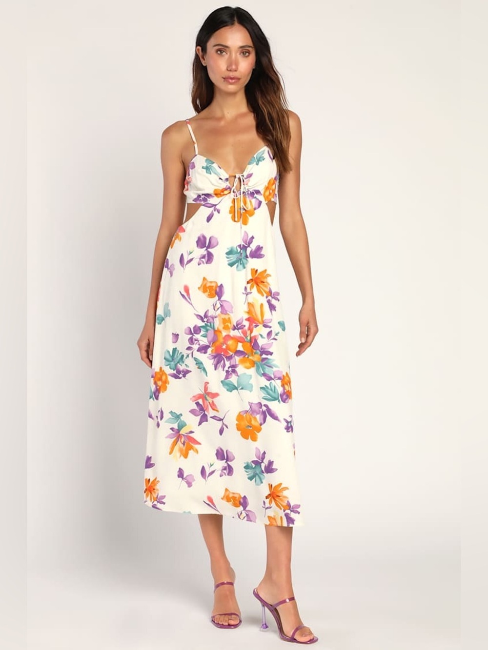 Lulus Women’s In Full Ivory Floral Print Cutout Midi Dress Size XS